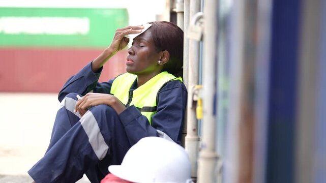 Female logistics worker sits beside shipping containers during work break after cargo inspection. Resting between warehouse operations logistics, freight transportation and industrial workplace.