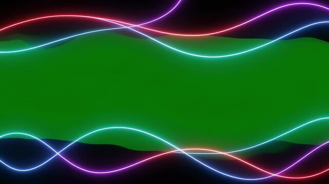 Neon wave forms flow across green screen backgrounds in a repeating pattern with black space