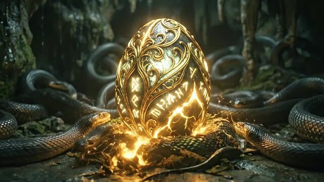 A glowing ornate egg rests inside a dark cavern with snakes