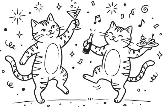 Funny dancing cats celebrating party vector line art illustration with drinks