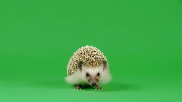 Small hedgehog walking forward on green screen with subtle camera zoom and soft lighting for commercial projects