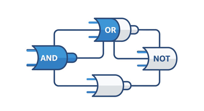 Boolean Logic Gates Schematic Illustration featuring AND OR and NOT Gates for Computer Science, Circuit Design, and Technology Concepts