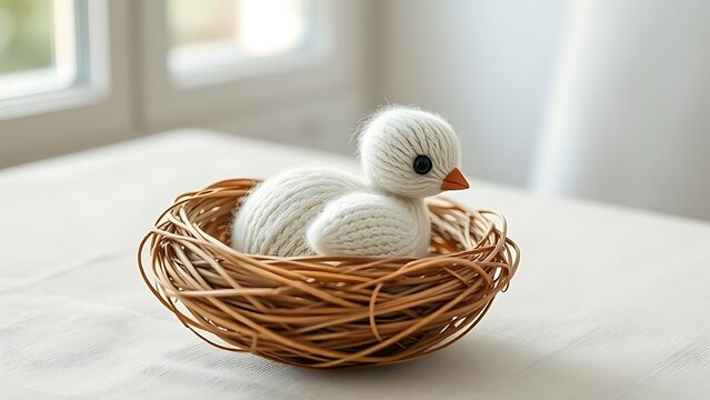Cashmere hatchling in woven nest, soft texture and comfort concept