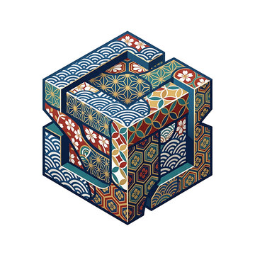 Isometric impossible cube with traditional Japanese patterns and floral motifs