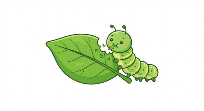 cute cartoon illustration of a green caterpillar eating a leaf