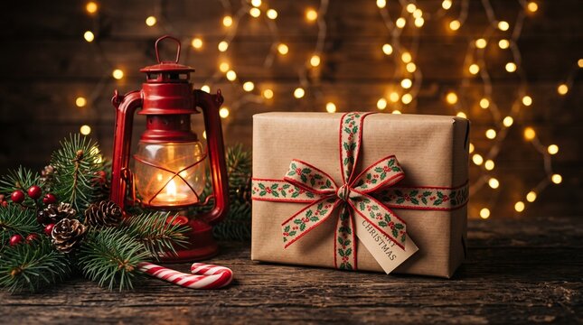 Rustic christmas gift box with a vintage red lantern and warm glowing fairy lights on wooden background