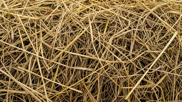 Dried golden straw stalks arranged in a messy pile with natural rustic textures and lighting patterns