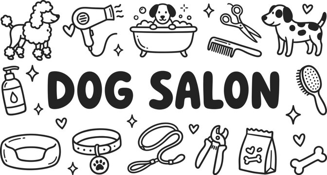 Minimalist dog grooming elements with scissors dryer and bath tub outline doodle