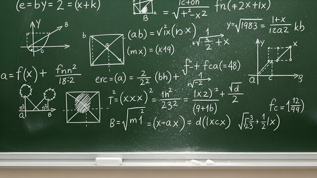 Complex mathematical equations and geometric diagrams are handwritten in white chalk on a green chalkboard surface
