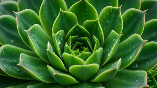 Vibrant green succulent rosette featuring sharp pointed leaves covered in fresh sparkling morning dew drops droplets