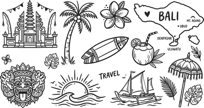 Minimalist Indonesian culture, tropical beach, map, and sunset outline doodle vector
