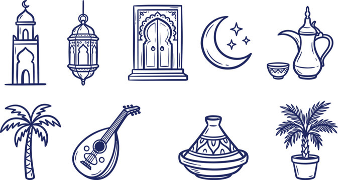 Ramadan Kareem and Islamic culture line art vector icon set for holiday design