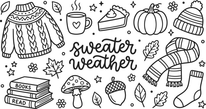 Sweater weather calligraphy with cozy autumn clothes and coffee line art set