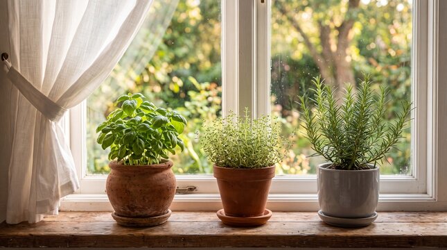 Fresh aromatic basil thyme and rosemary plants sitting in rustic terracotta and ceramic pots on wooden surface near window with aromatic herbs arranged beside bright window