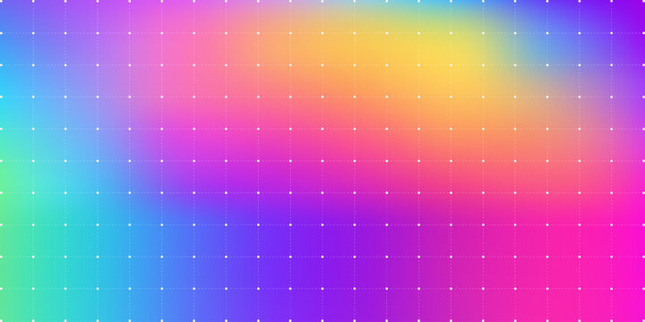 Vibrant multicolor fui grid background with rainbow holographic gradient and dashed lines, perfect for futuristic tech interfaces, music covers and colorful digital design