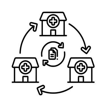 Outline vector icon illustrating multi-clinic synchronization, medical record sharing and connected veterinary healthcare network.