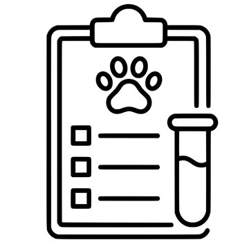 Modern outline vector icon representing veterinary laboratory test request, pet diagnostics, specimen collection and clinical laboratory workflow.
