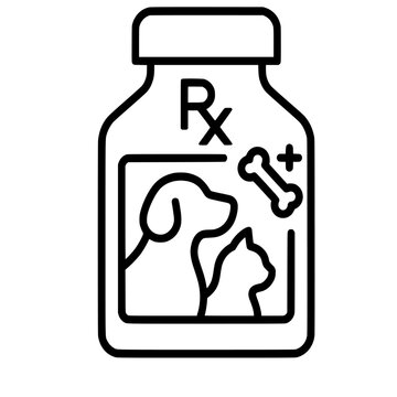 Outline vector icon representing veterinary prescription medicine, pet pharmacy and medication management.
