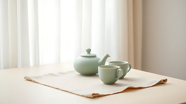 Celadon teapot and two cups on natural linen runner, serene tea time and home decor concept.