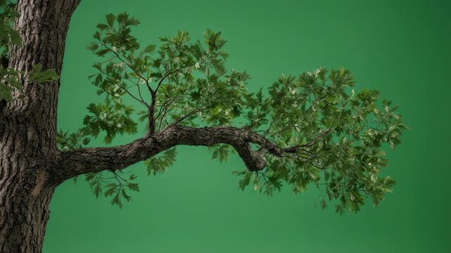 Oak tree branch with leaves growing on green screen background during daytime
