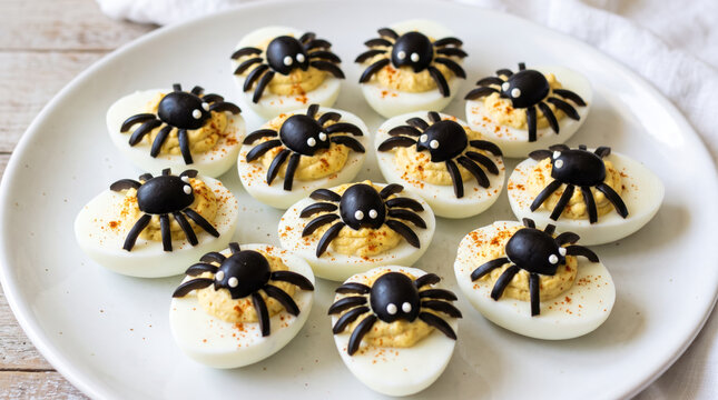 Close up view of Halloween deviled eggs topped with black olive spiders on a white plate. Creative spooky appetizer snack food for holiday celebrations.