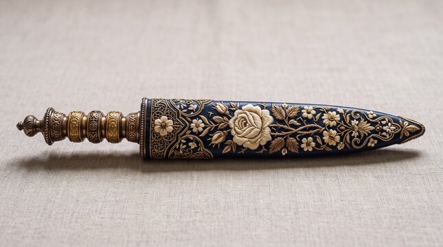 Ornate dark blue dagger sheath with intricate gold floral engravings and metal tips displayed on a textured beige fabric background with presents ornate decorative horizontal