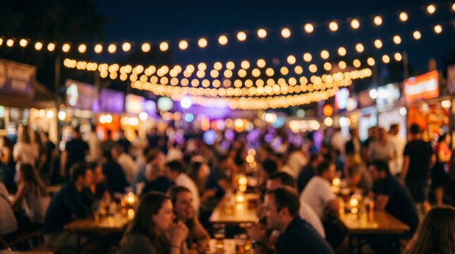 Crowded outdoor night market with festive string lights and people enjoying dinner at tables in the evening