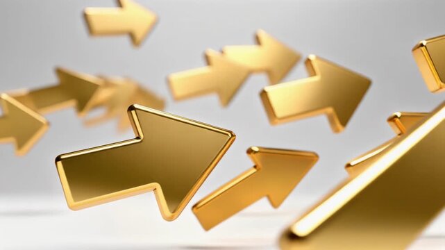 Energetic golden arrows dynamically moving forward in a vibrant video symbolizing progress and success