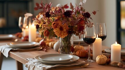 Fototapeta premium A warmly lit autumn dining table set with candles wine glasses pumpkins and a vibrant floral centerpiece
