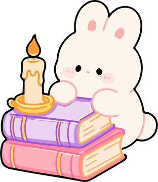 Cute Bunny Reading Books with Candle