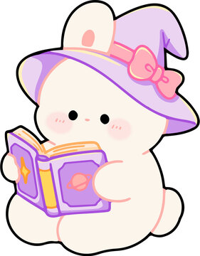 Cute Bunny Reading Magic Book Illustration