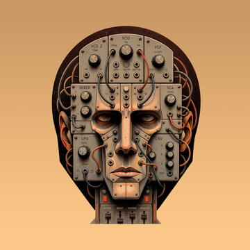 analog robot head in retro-futuristic style