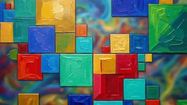 Abstract composition featuring colorful squares on a swirling background