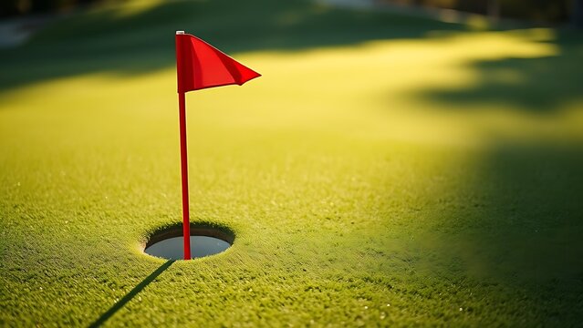 Red and white flagstick on a golf green casting a long shadow.