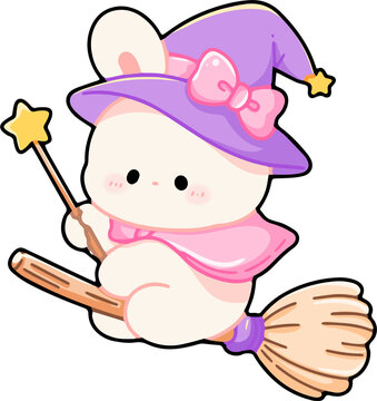 Cute Bunny Witch Flying on Broomstick