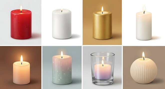 Set of various burning wax candles in different colors