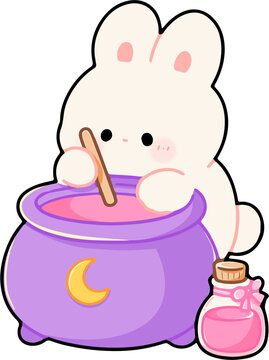 Cute Cartoon Bunny Cooking in a Cauldron