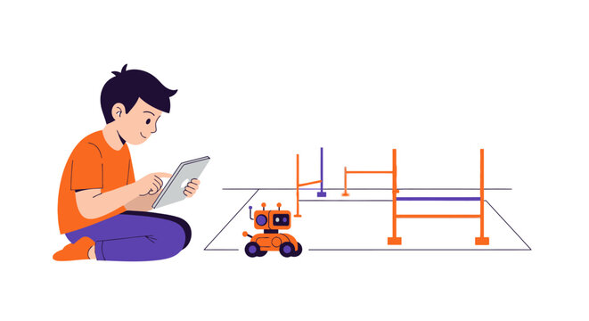 Little Boy Learning to Code and Programming a Small Robot Using a Tablet for STEM Education and Robotics Workshop Illustration
