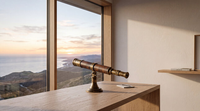 Vintage Telescope Facing a Distant Horizon, Vision, Leadership and Future Strategy Business Concept