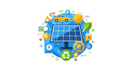 Naklejka premium Renewable Energy and Green Technology Concept Flat Illustration with Solar Panels, Electric Vehicle, and Recycling Symbols