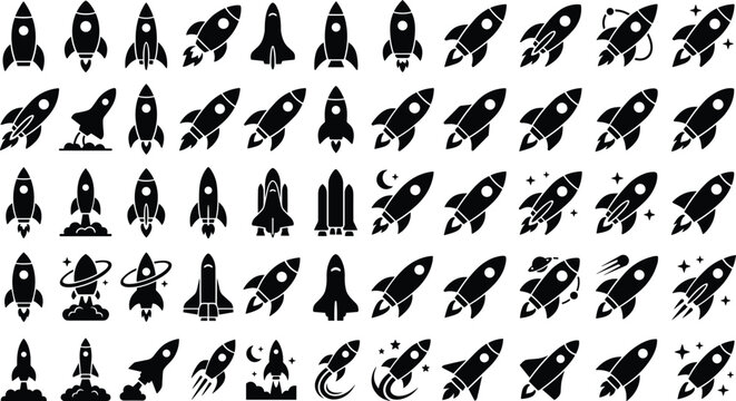 Rocket Ship and Space Shuttle Silhouette Icon Set with Launching Spaceship Stars and Planets Symbols for Business Startup Concepts and Technology Designs