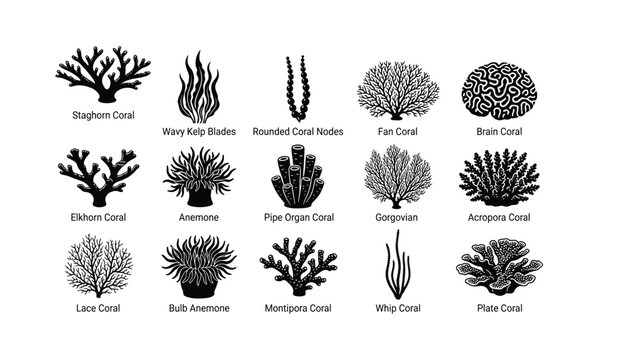 Coral reef silhouette icon set with under water marine plants and sea organisms vector illustration