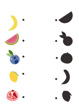 Educational worksheet with colorful fruits and black silhouettes on white background.Fruits matching activity page for children.
