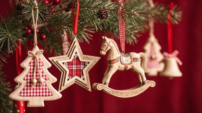 Rustic wooden christmas tree ornaments hanging on pine branches against a festive dark red background