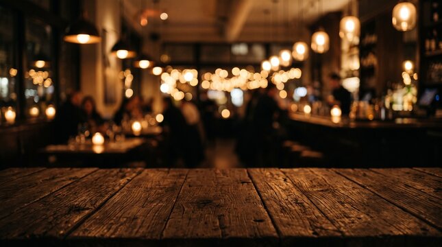 Empty rustic wooden table in the foreground with a blurred cozy restaurant bar interior in the background