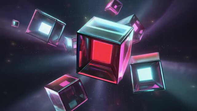 Cosmic vibrant multidimensional cubes glowing with energy in futuristic space scene