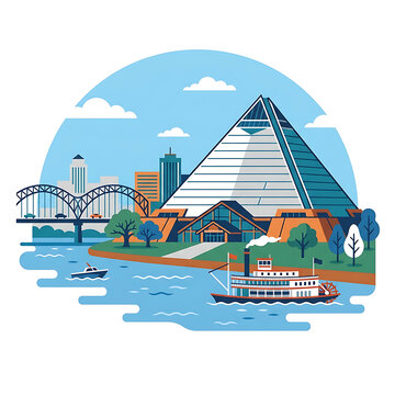Vector illustration of Memphis city skyline with pyramid arena bridge and river steamboat