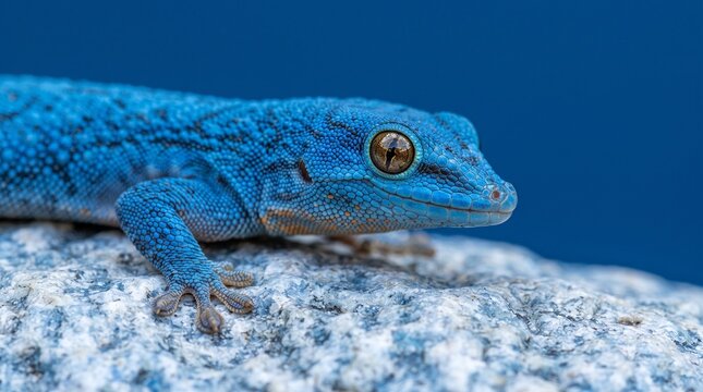 Vibrant Blue Gecko Macro Portrait with Striking Golden Eyes &ndash; Exotic Reptile Close-Up on Monochromatic Blue Background