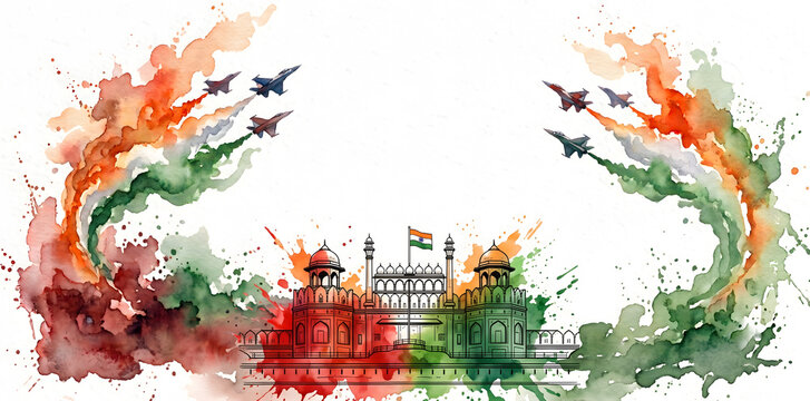 Indian Independence Day watercolor art with Red Fort, flag and tricolor jet smoke.
