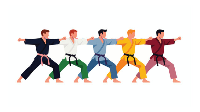 group of martial artists in different colored gi uniforms performing karate kata isolated on transparent background